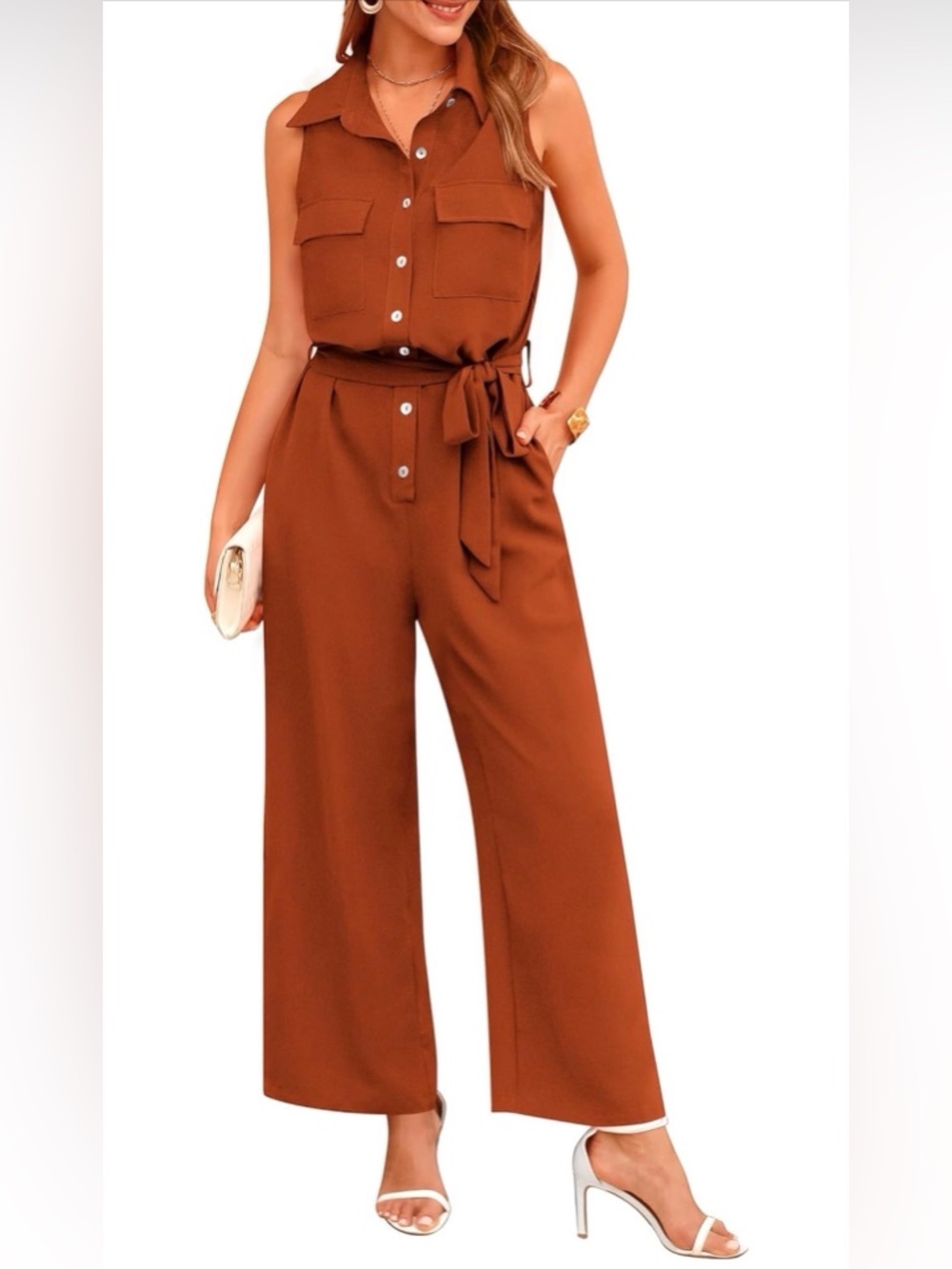Sleeveless Tie-Waist Wide-Leg Jumpsuit - Rust